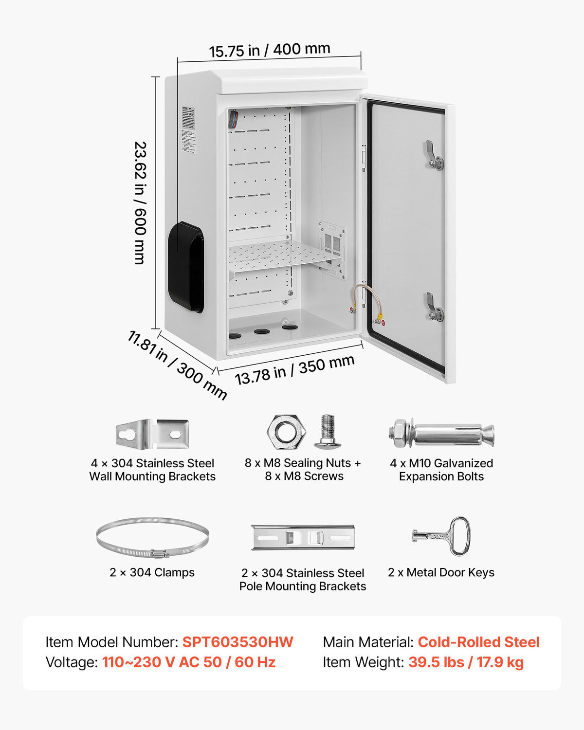 Outdoor Electrical Box, Cold-Rolled Steel, Electrical Junction Box with Thermostat and Fan, Rain Hood, Ventilated Design, IP65 Waterproof Hinged Enclosure, Wall/Pole Mounted, 600 x 400 x 300 mm
