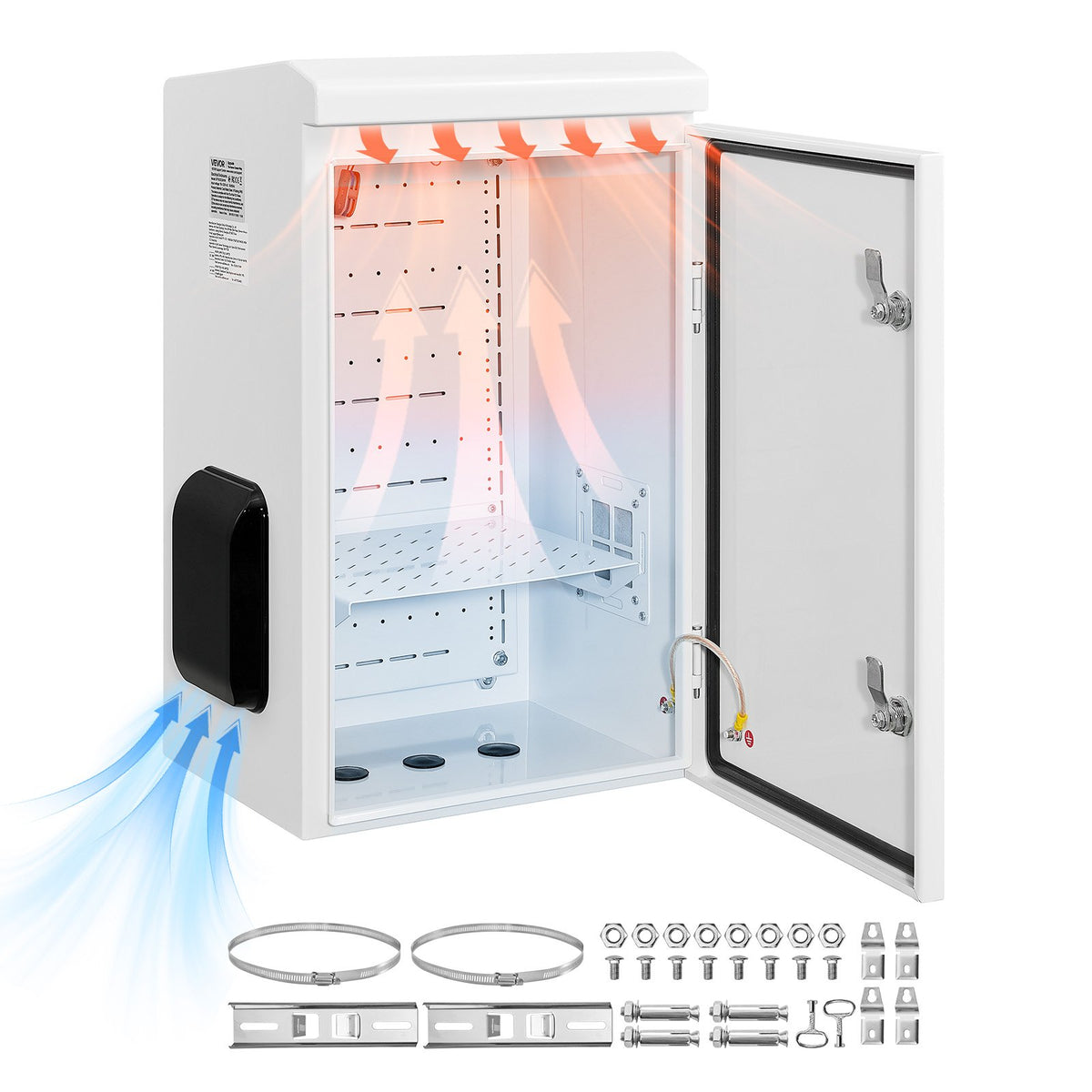 Outdoor Electrical Box, Cold-Rolled Steel, Electrical Junction Box with Thermostat and Fan, Rain Hood, Ventilated Design, IP65 Waterproof Hinged Enclosure, Wall/Pole Mounted, 600 x 400 x 300 mm