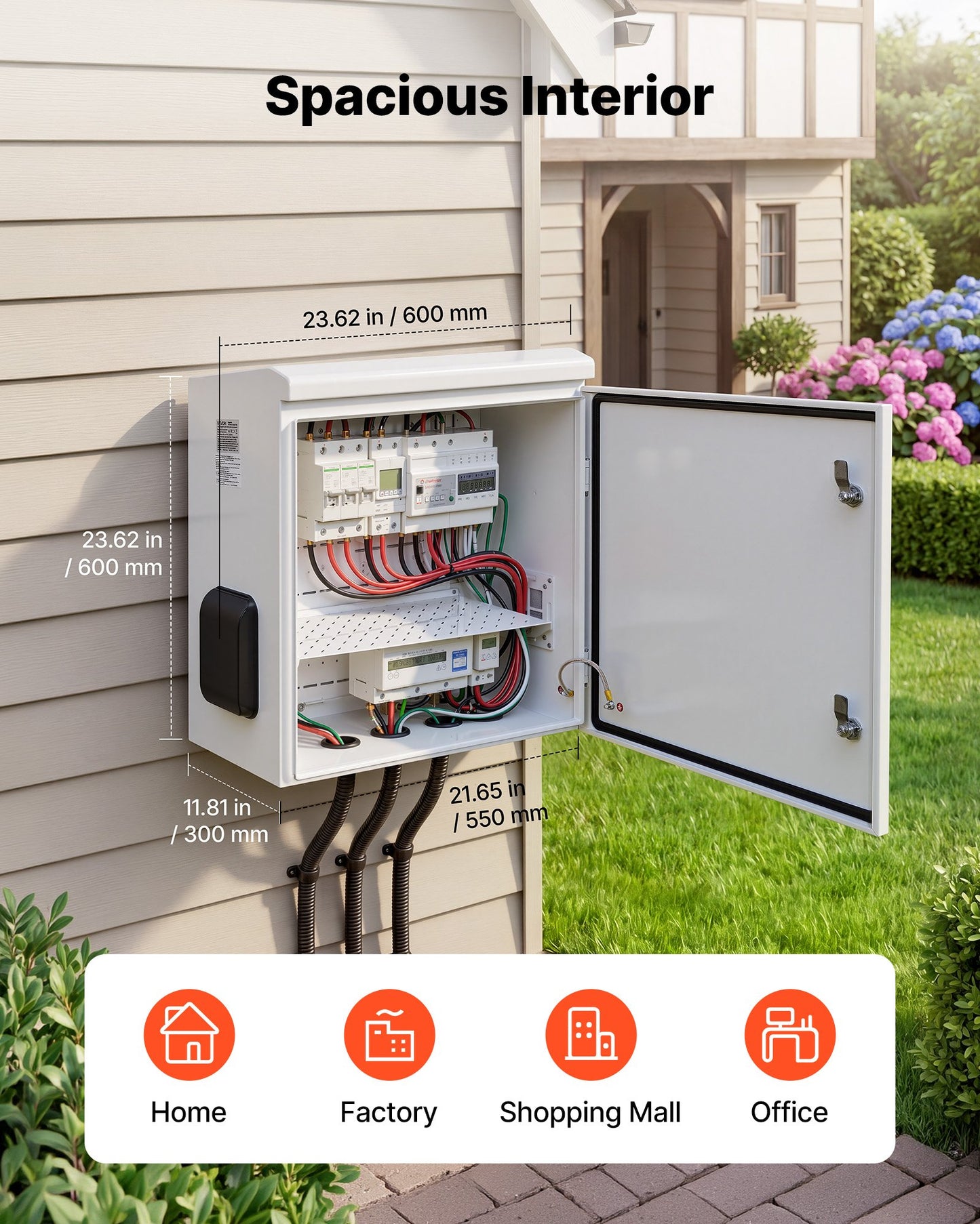 Outdoor Electrical Box, Cold-Rolled Steel, Electrical Junction Box with Thermostat and Fan, Rain Hood, Ventilated Design, IP65 Waterproof Hinged Enclosure, Wall/Pole Mounted, 600 x 600 x 300 mm
