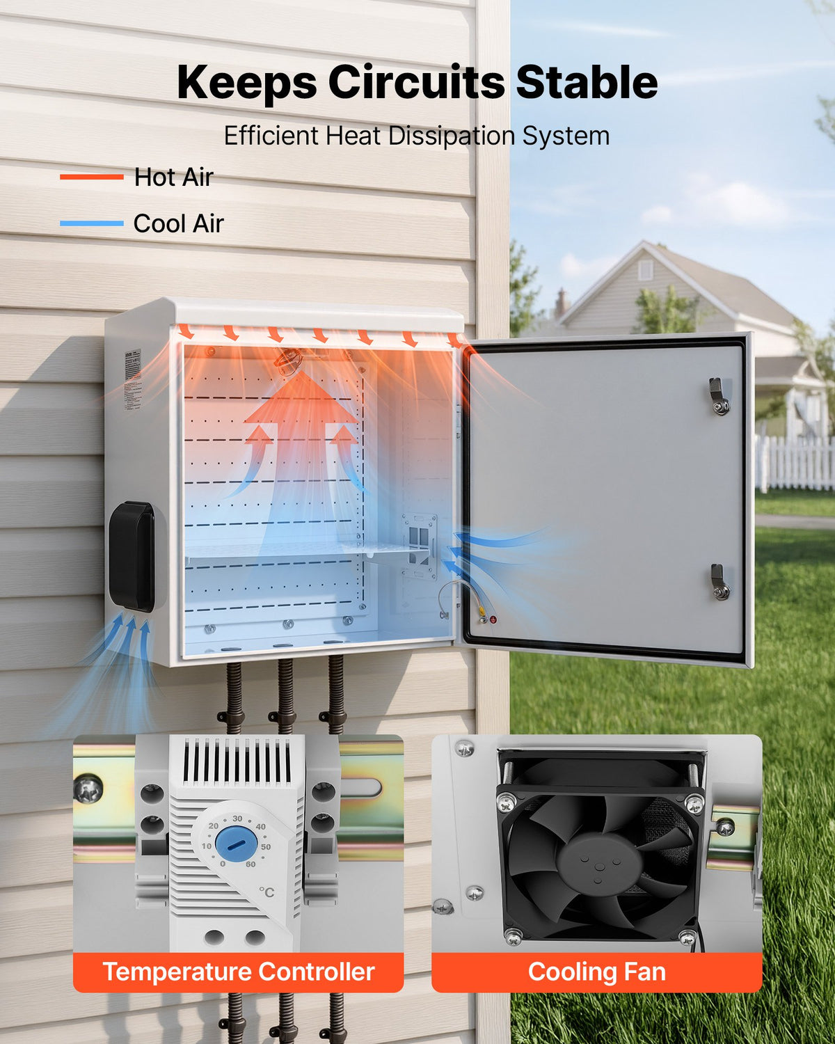 Outdoor Electrical Box, Cold-Rolled Steel, Electrical Junction Box with Thermostat and Fan, Rain Hood, Ventilated Design, IP65 Waterproof Hinged Enclosure, Wall/Pole Mounted, 600 x 600 x 300 mm