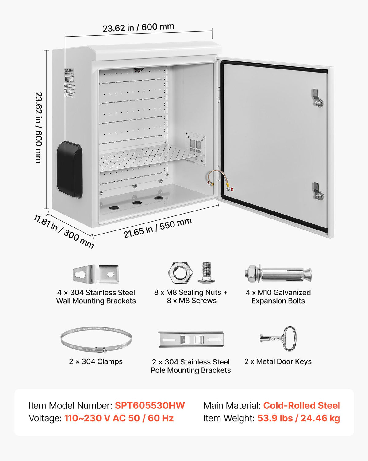Outdoor Electrical Box, Cold-Rolled Steel, Electrical Junction Box with Thermostat and Fan, Rain Hood, Ventilated Design, IP65 Waterproof Hinged Enclosure, Wall/Pole Mounted, 600 x 600 x 300 mm