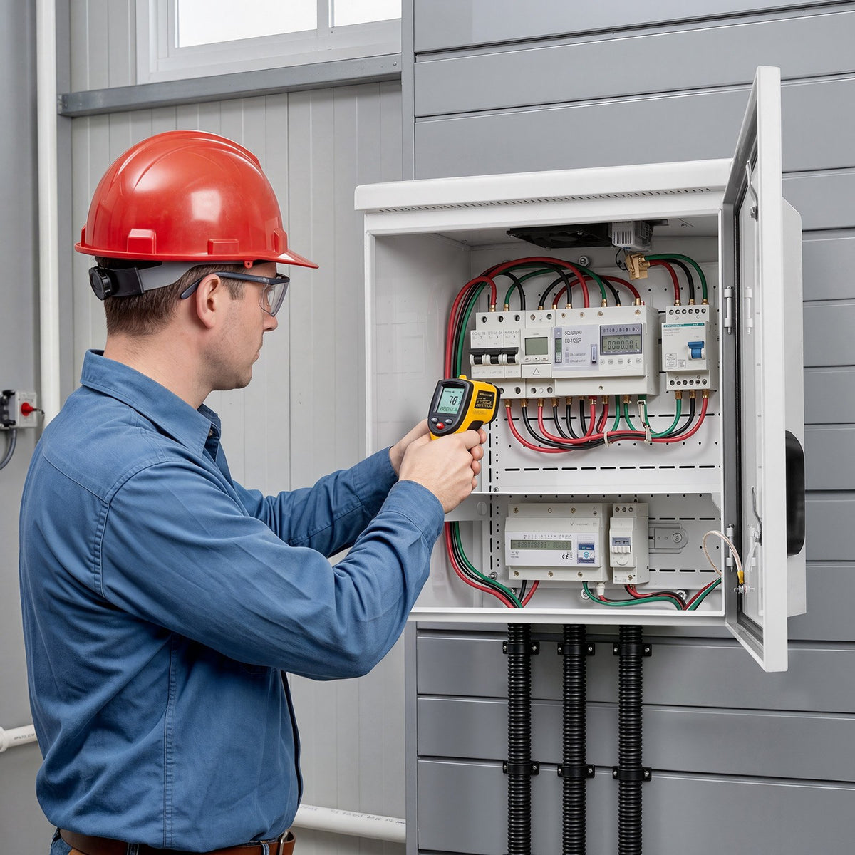 Outdoor Electrical Box, Cold-Rolled Steel, Electrical Junction Box with Thermostat and Fan, Rain Hood, Ventilated Design, IP65 Waterproof Hinged Enclosure, Wall/Pole Mounted, 600 x 600 x 300 mm