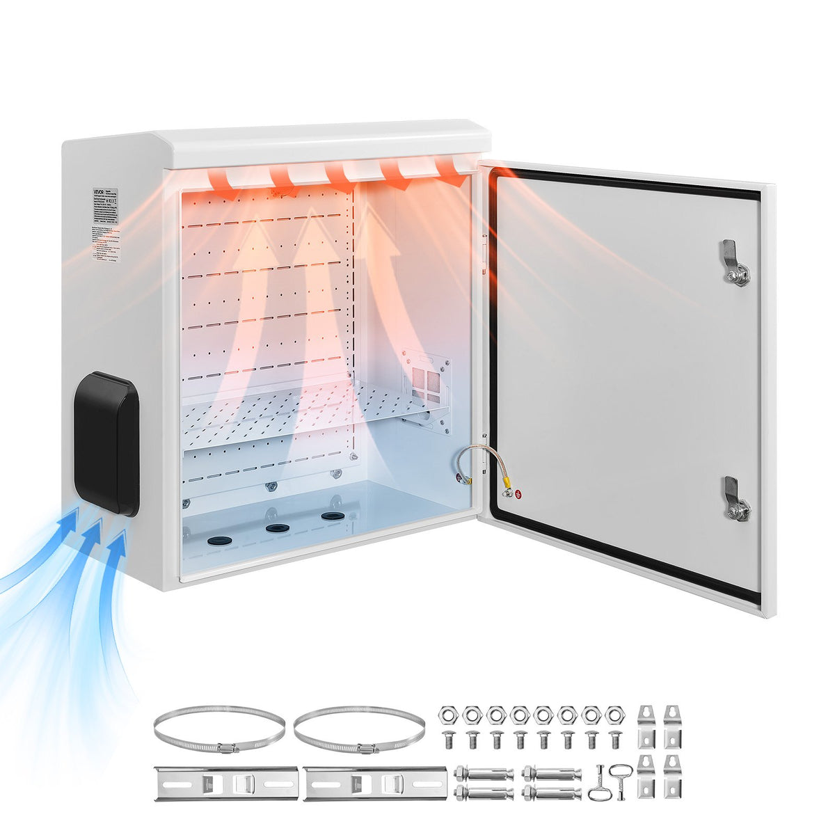 Outdoor Electrical Box, Cold-Rolled Steel, Electrical Junction Box with Thermostat and Fan, Rain Hood, Ventilated Design, IP65 Waterproof Hinged Enclosure, Wall/Pole Mounted, 600 x 600 x 300 mm