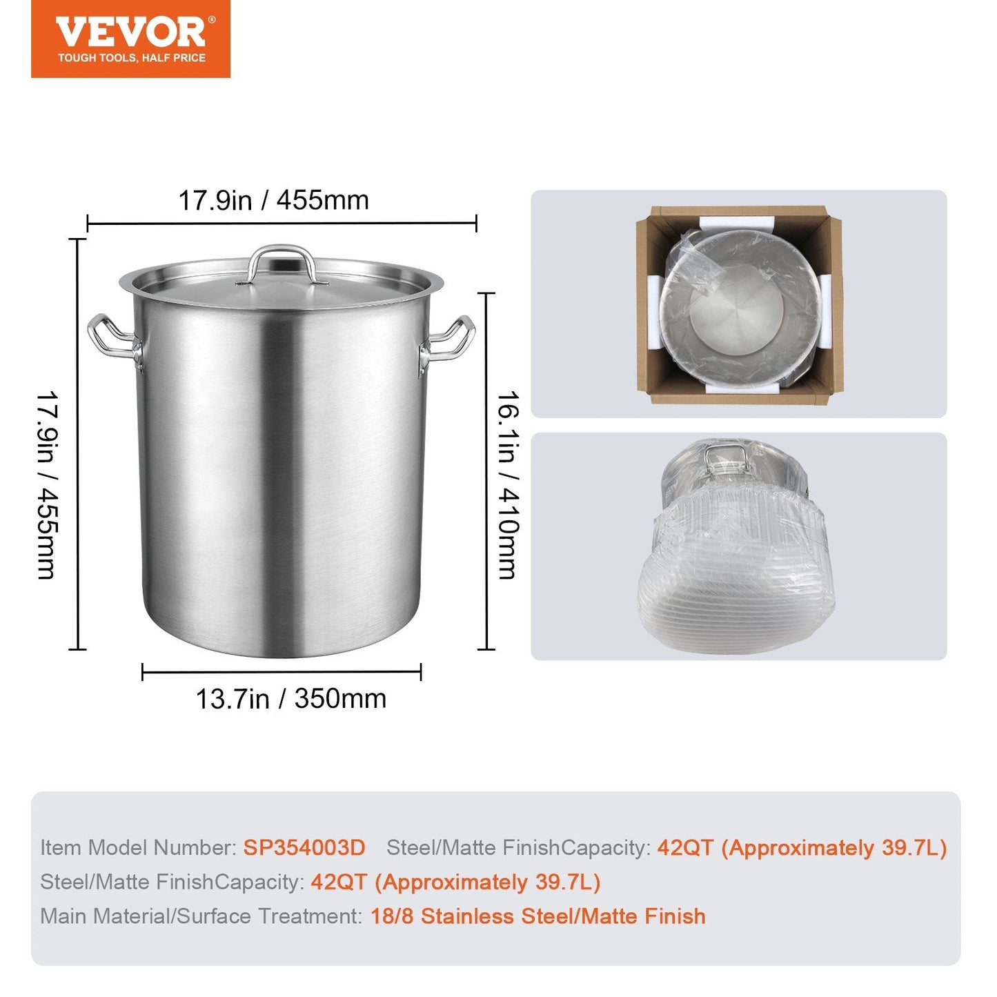 Stainless Steel 42 Quart Stockpot, 0.39m³, Multipurpose Cookware with Lid & Handle