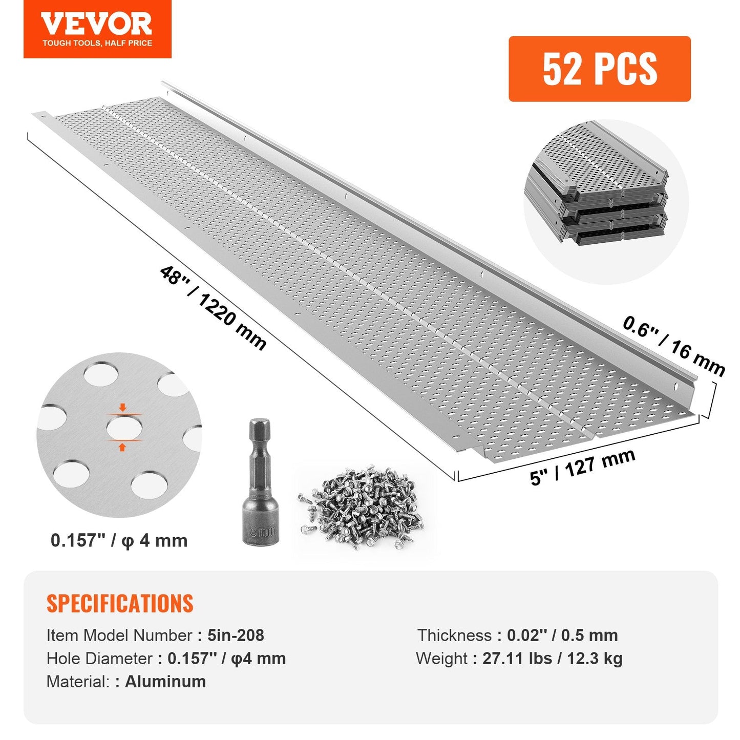 Aluminum Leaf Filter Gutter Guard, 127mm Width, 52 PCS, 63.4m Total Length