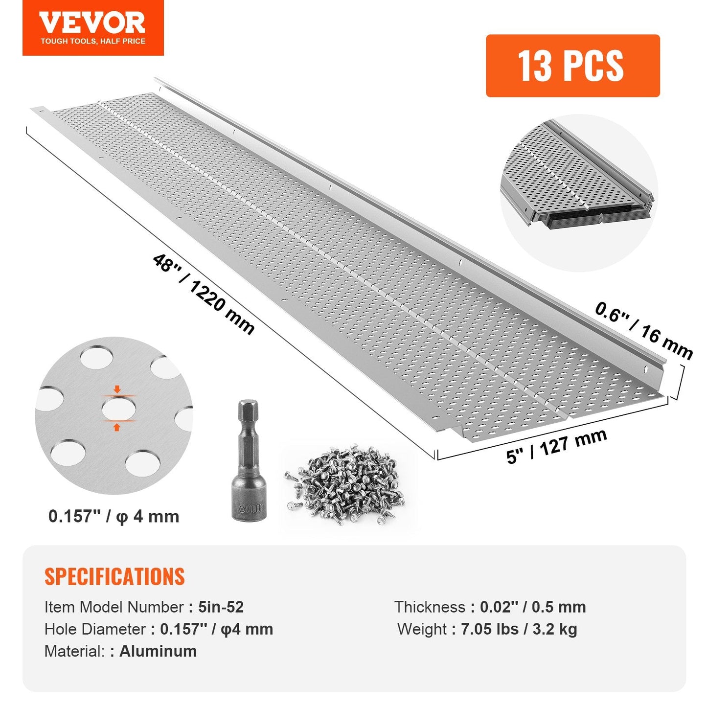 Aluminum Leaf Filter Gutter Guard, 127mm Width, 13 PCS, 15.9m Total Length