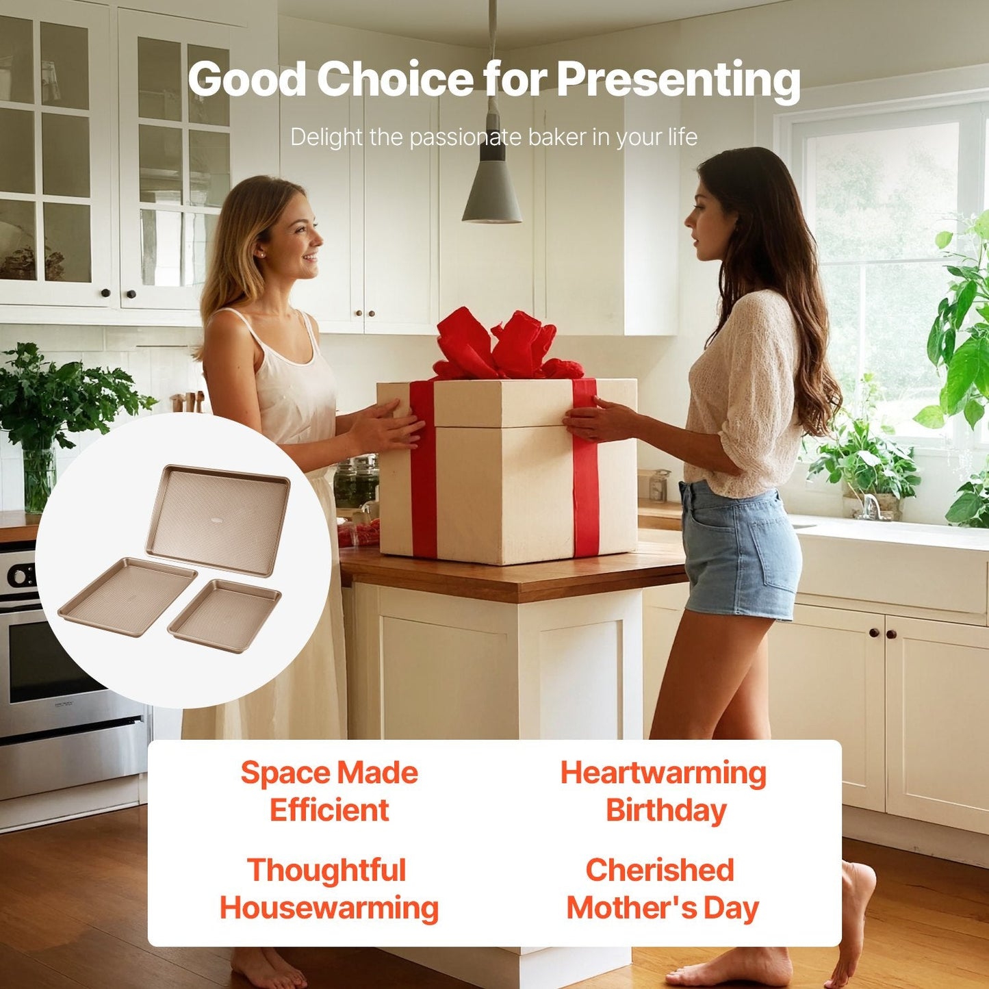 3-Piece Carbon Steel Baking Pan Set with Nonstick & Silicone Handles, Gold