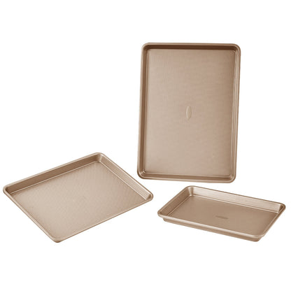 3-Piece Carbon Steel Baking Pan Set with Nonstick & Silicone Handles, Gold