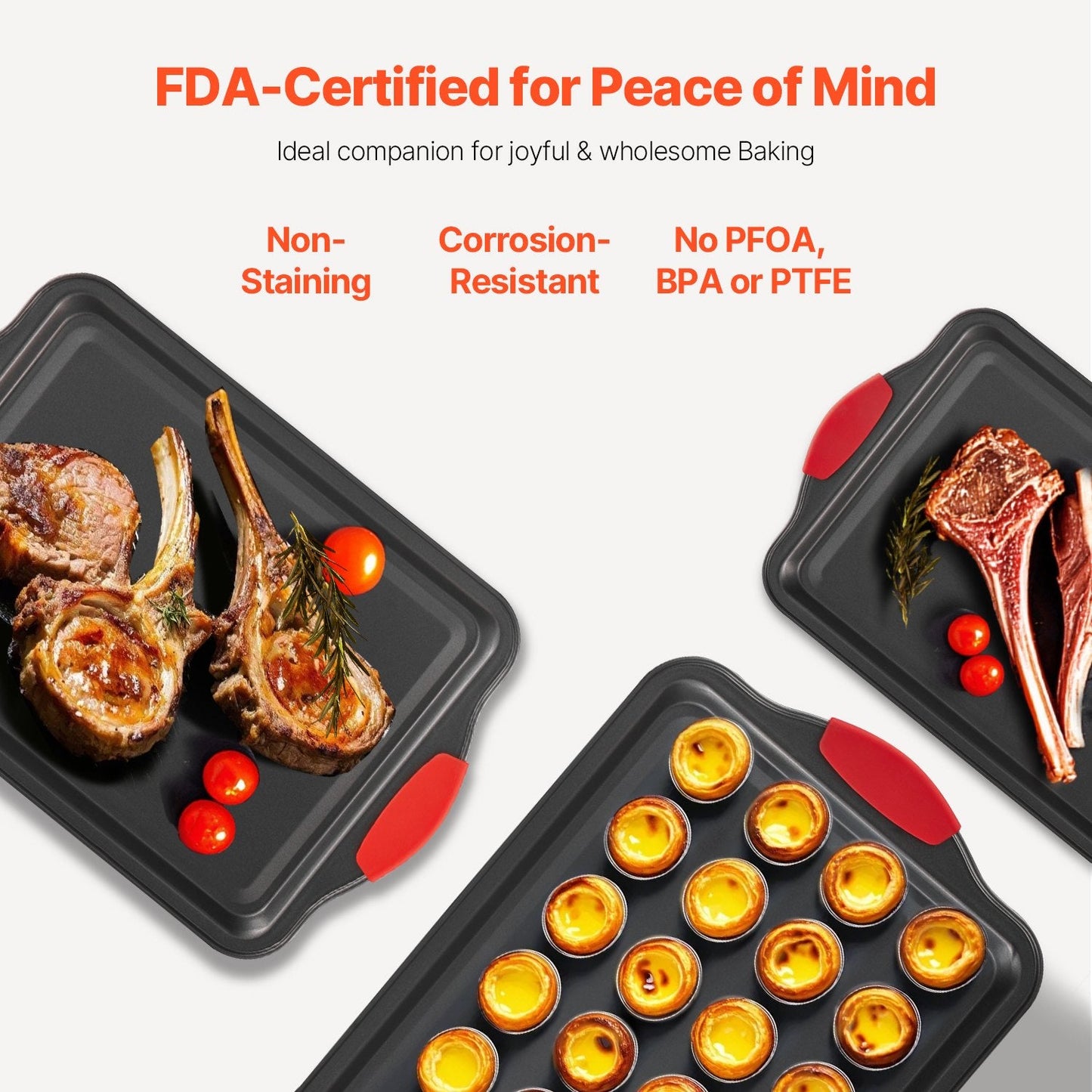 3-Piece Carbon Steel Baking Pan Set with Nonstick & Silicone Handles, Gold