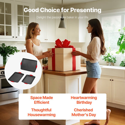 3-Piece Carbon Steel Baking Pan Set with Nonstick & Silicone Handles, Gold