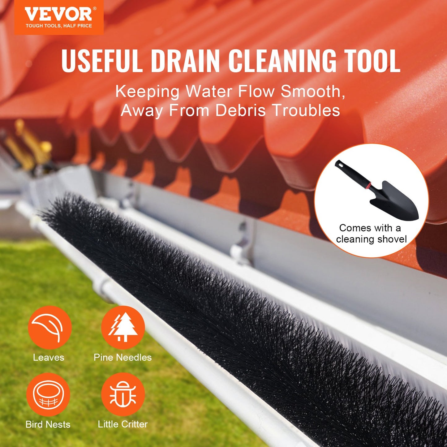 VEVOR Gutter Brush, 15 Feet Total Length 4.33 inch Diameter Gutter Cleaning Tools,
