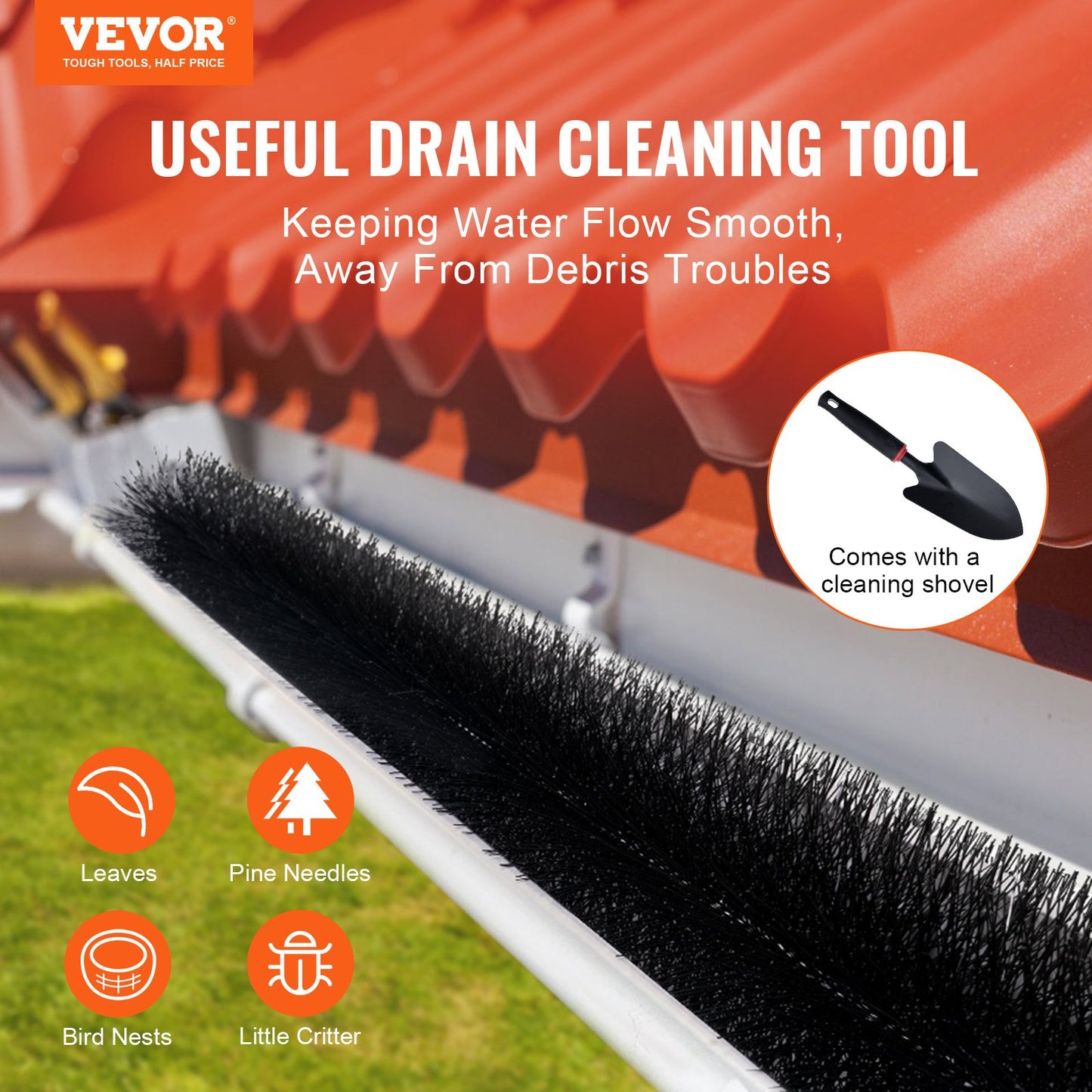 VEVOR Gutter Brush, 60 Feet Total Length 5.25 inch Diameter Gutter Cleaning Tools,