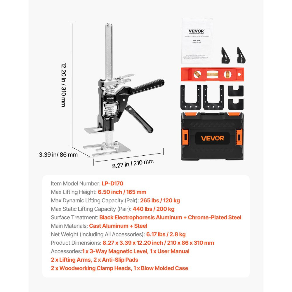 VEVOR Labor Saving Arm Jack 2 PCS 200kg Capacity 2 Modes Lifting to 165mm Black