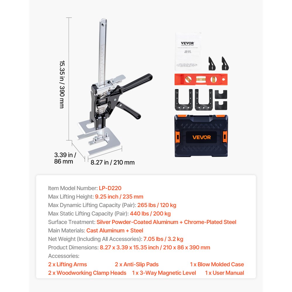 VEVOR Labor Saving Arm Jack 2 PCS 200kg Capacity 2 Modes Lifting to 235mm Black