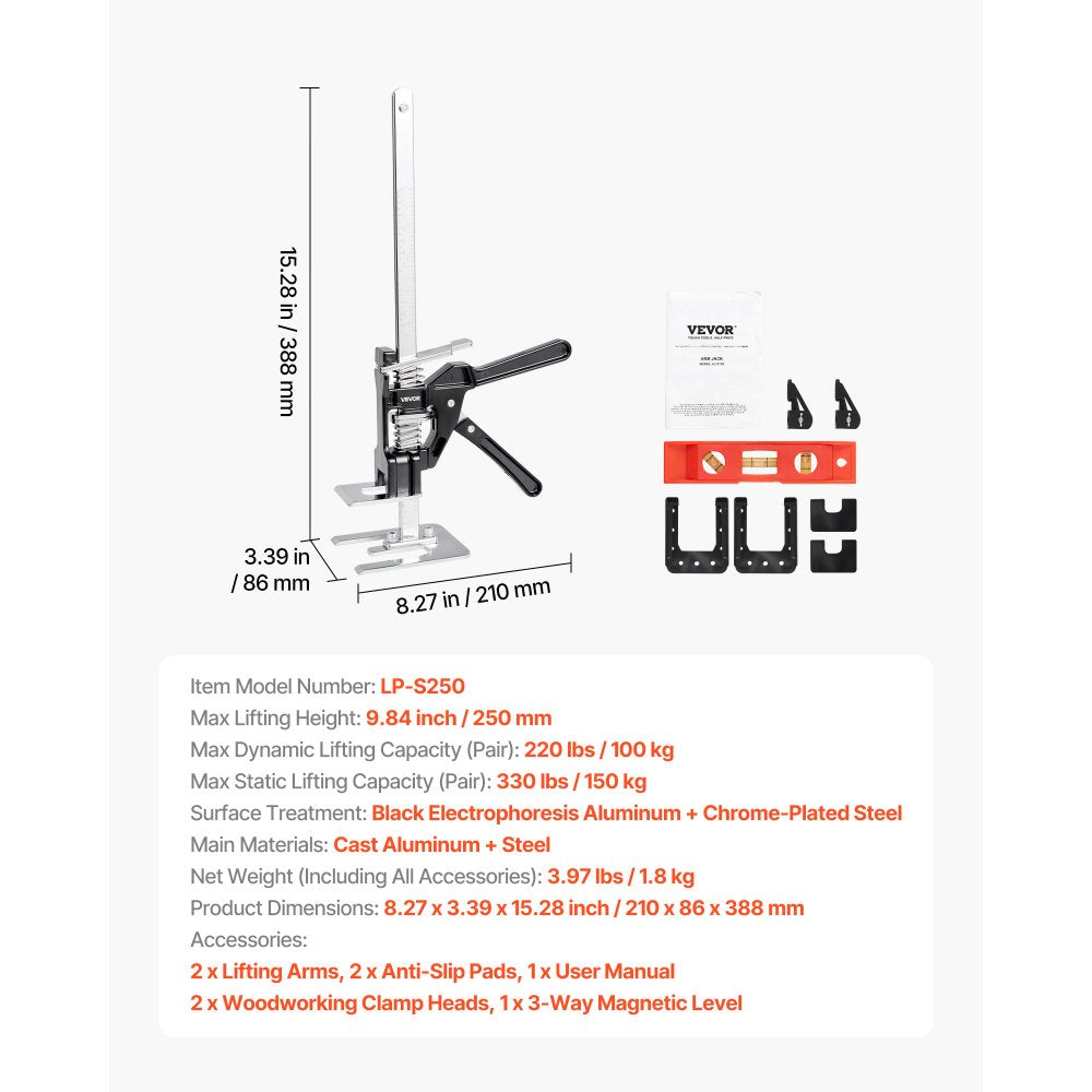 VEVOR Labor Saving Arm Jack 2 PCS 150kg Bearing Capacity Lifting to 250mm Black