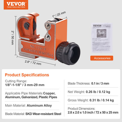 VEVOR Mini Tubing Cutter, 1/8" - 1-1/8" O.D. Mini Copper Pipe Cutter, Heavy Duty