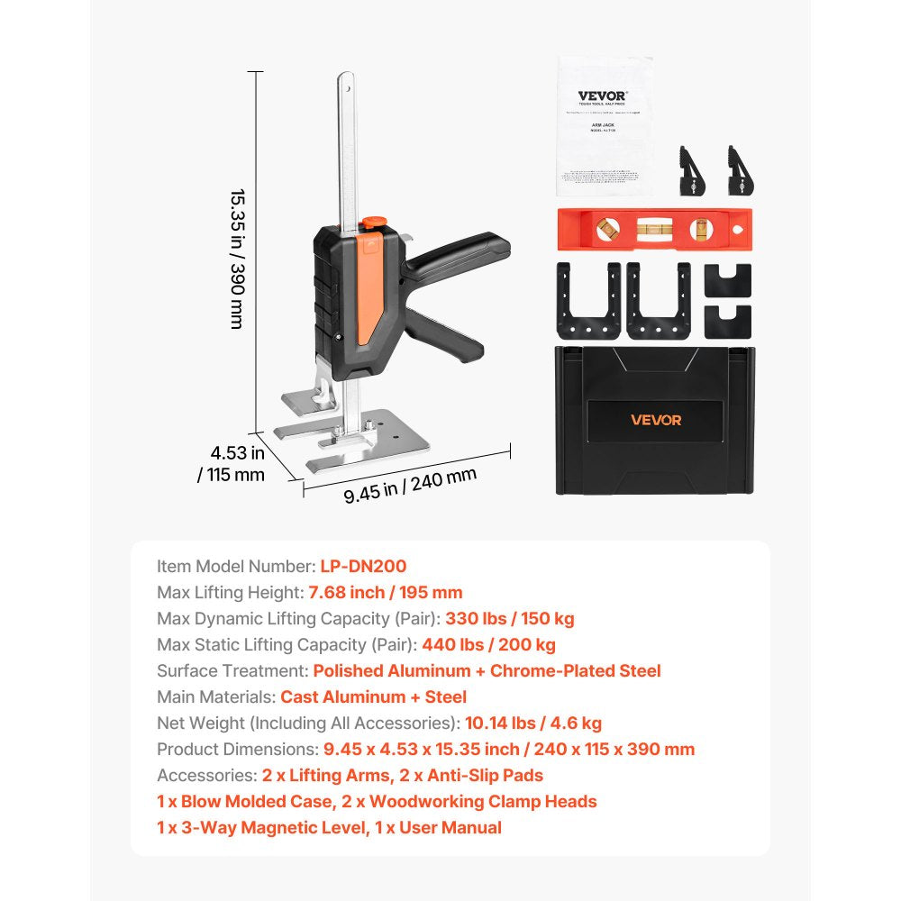 VEVOR Labor Saving Arm Jack 2 PCS 200kg Capacity 2 Modes Lifting to 195mm Black