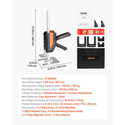 VEVOR Labor Saving Arm Jack 2 PCS 200kg Capacity 2 Modes Lifting to 195mm Black