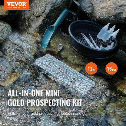 Gold Prospecting Kit with Mini Sluice Box, 30 cm Aluminum Equipment, 16 PCS