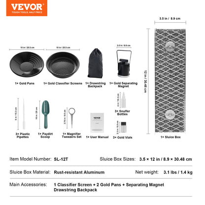 VEVOR Gold Panning Kit With Mini Sluice Box, 12" Aluminum Gold Mining Equipment,
