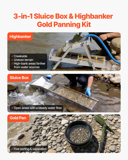 Highbanker Gold Panning Kit, 1270 mm 3-in-1 Folding High Banker Gold Sluice Box, 26 PCS Portable Mining Equipment Prospecting Kit with Gold Pans, Classifier Screen, Magnet, Backpack, Accessories