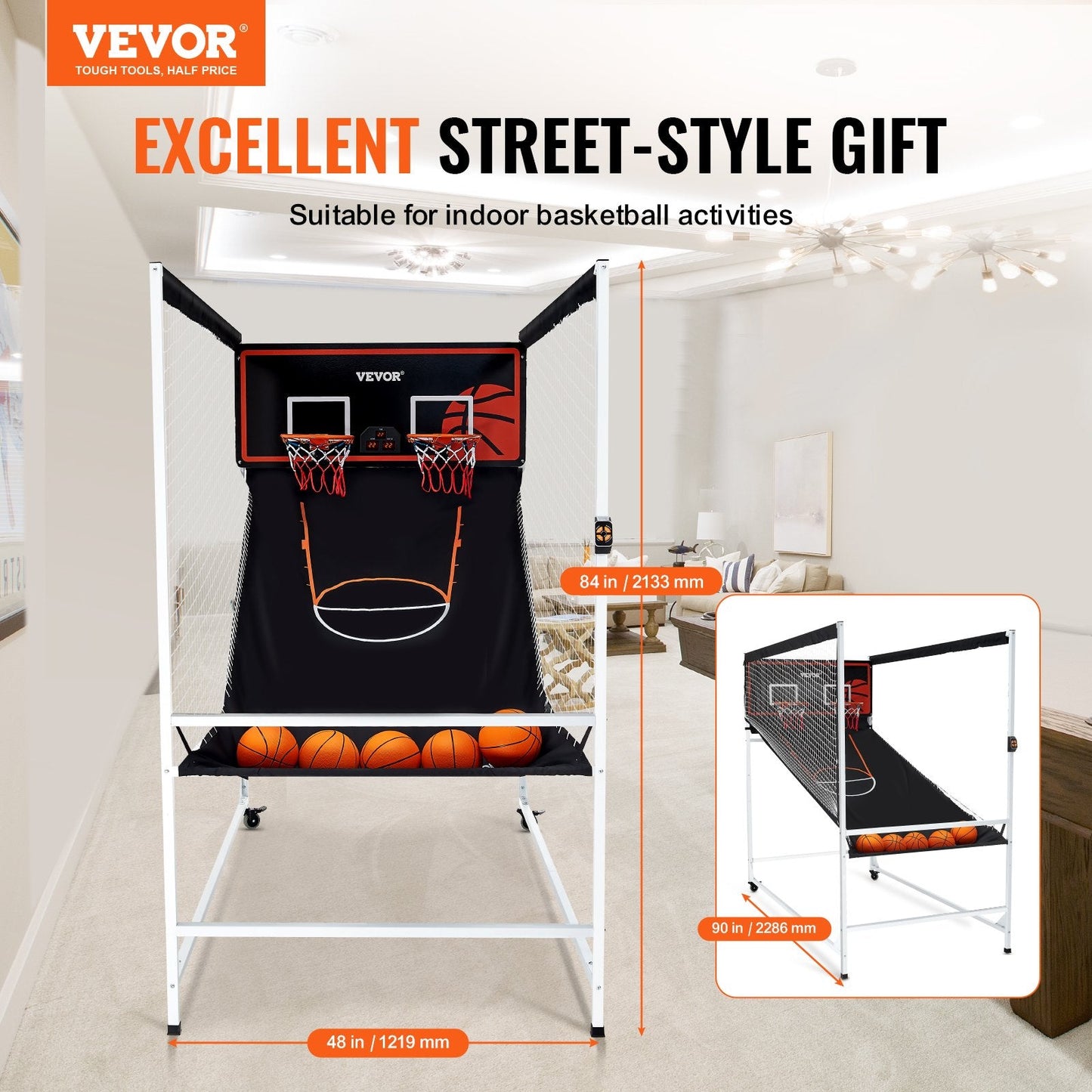 Dual Player Indoor Basketball Arcade Game with Electronic Scoreboard, 5 Balls