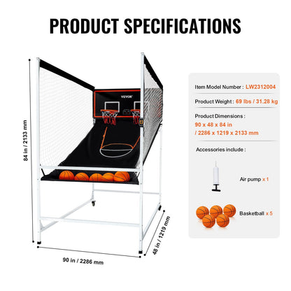 Dual Player Indoor Basketball Arcade Game with Electronic Scoreboard, 5 Balls