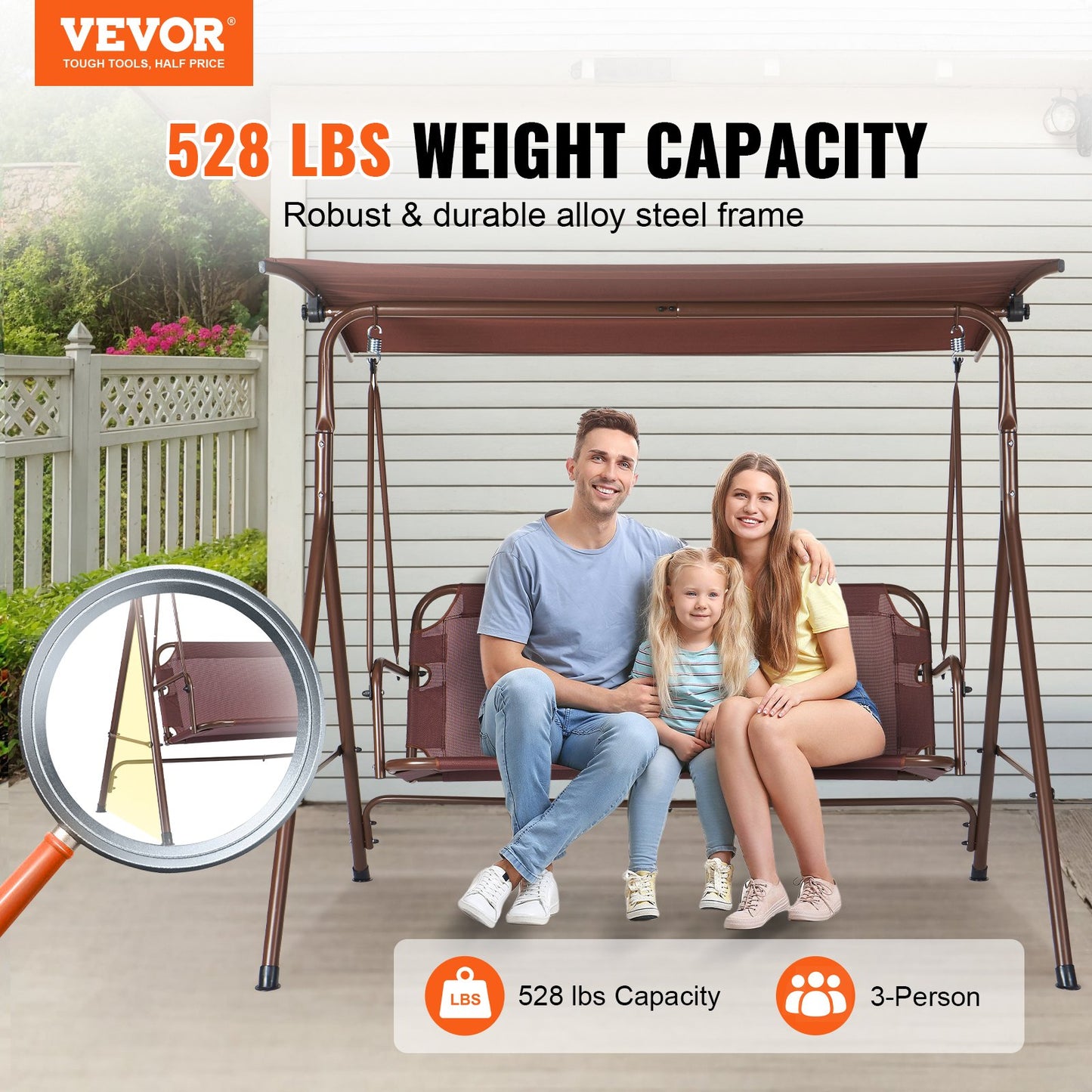 VEVOR 3-Person Patio Swing Chair, Outdoor Patio Swing with Adjustable Canopy, Porch