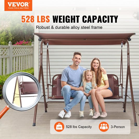 VEVOR 3-Person Patio Swing Chair, Outdoor Patio Swing with Adjustable Canopy, Porch