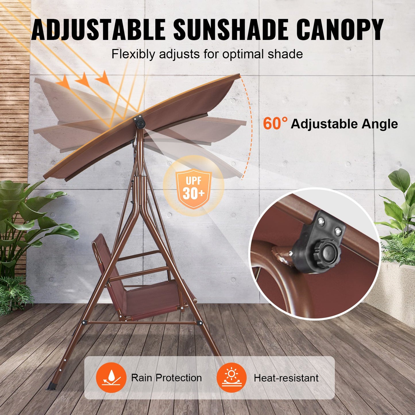 VEVOR 3-Person Patio Swing Chair, Outdoor Patio Swing with Adjustable Canopy, Porch