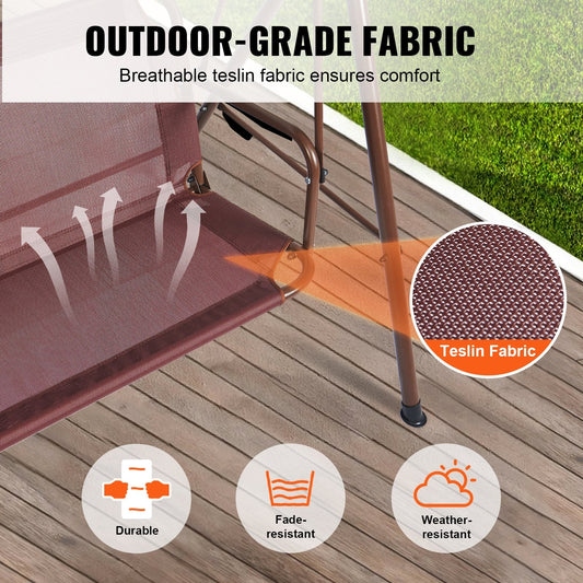Outdoor 3-Person Swing Chair with Adjustable Canopy, Steel Frame, Brown