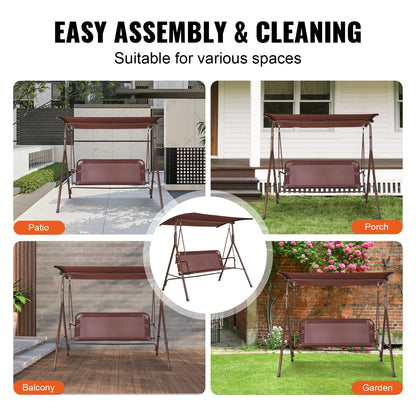 Outdoor 3-Person Swing Chair with Adjustable Canopy, Steel Frame, Brown