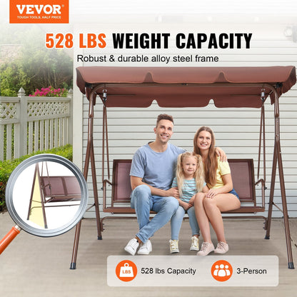 3-Seat Outdoor Swing Chair with Adjustable Canopy and Armrests, Brown
