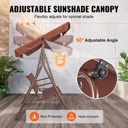 3-Seat Outdoor Swing Chair with Adjustable Canopy and Armrests, Brown