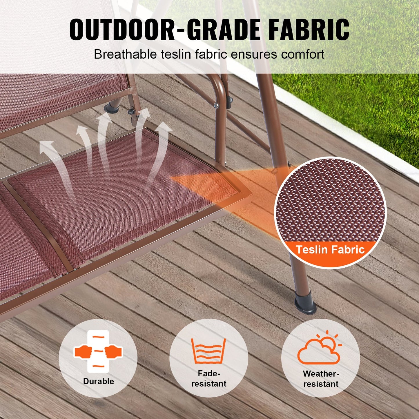 VEVOR 3-Seat Patio Swing Chair, Outdoor Patio Swing with Adjustable Canopy, Porch