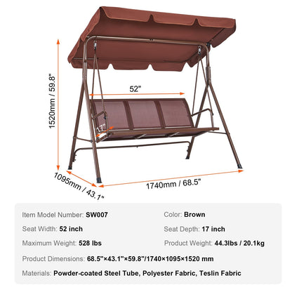 3-Seat Outdoor Swing Chair with Adjustable Canopy and Armrests, Brown