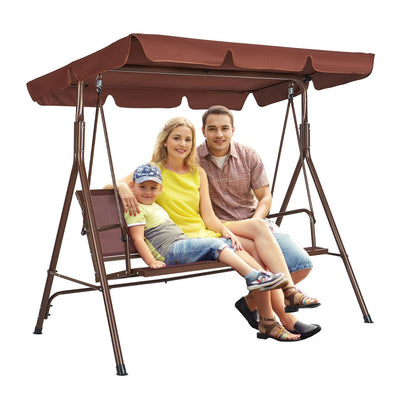 3-Seat Outdoor Swing Chair with Adjustable Canopy and Armrests, Brown