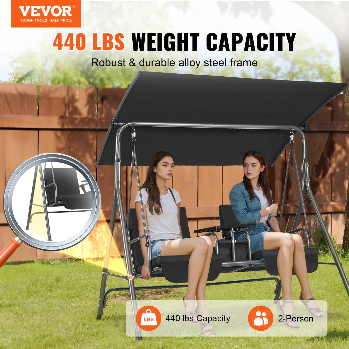VEVOR 2-Seat Patio Swing Chair, Outdoor Patio Swing with Adjustable Canopy, Porch
