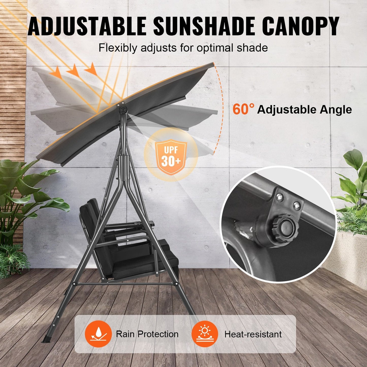 2-Seat Outdoor Swing Chair with Adjustable Canopy and Storage, Black