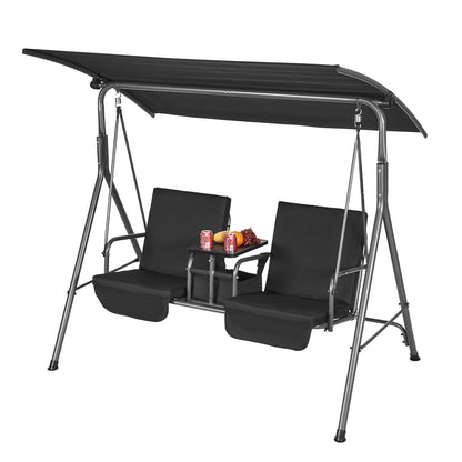 2-Seat Outdoor Swing Chair with Adjustable Canopy and Storage, Black