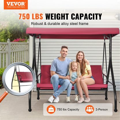 3-Seat Patio Swing with Adjustable Canopy and Removable Cushion, Burgundy