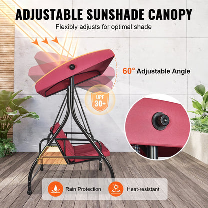 3-Seat Patio Swing with Adjustable Canopy and Removable Cushion, Burgundy