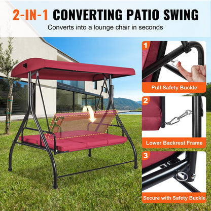 VEVOR 3-Seat Patio Swing Chair, Converting Canopy Swing, Outdoor Patio Porch with