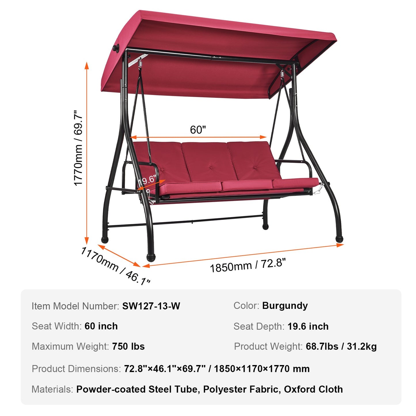VEVOR 3-Seat Patio Swing Chair, Converting Canopy Swing, Outdoor Patio Porch with