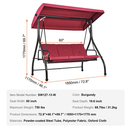 3-Seat Patio Swing with Adjustable Canopy and Removable Cushion, Burgundy
