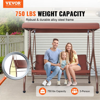 3-Seat Outdoor Swing Chair with Adjustable Canopy and Removable Cushion, Brown