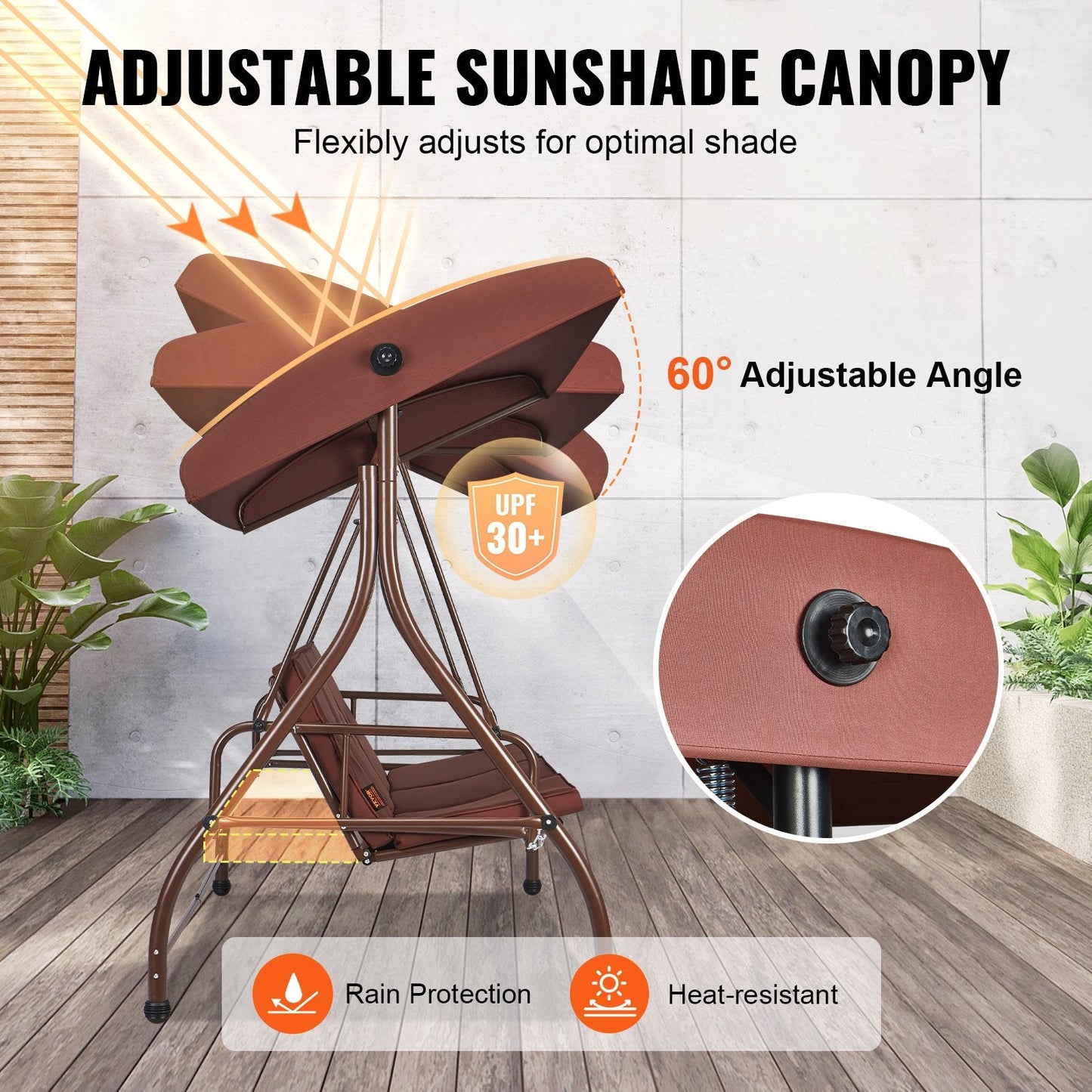 3-Seat Outdoor Swing Chair with Adjustable Canopy and Removable Cushion, Brown