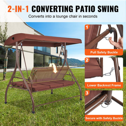 3-Seat Outdoor Swing Chair with Adjustable Canopy and Removable Cushion, Brown