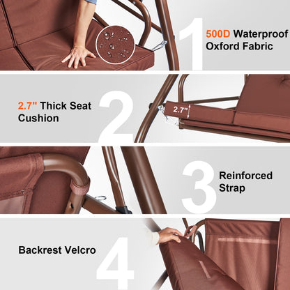 VEVOR 3-Seat Patio Swing Chair, Converting Canopy Swing, Outdoor Patio Porch with