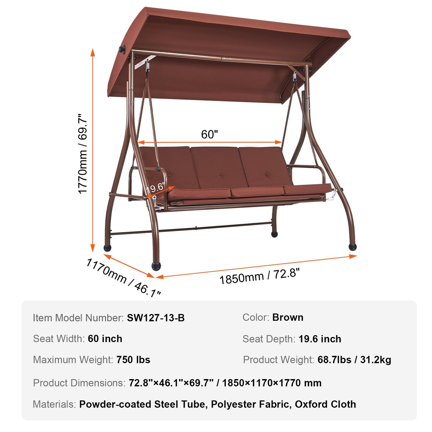 VEVOR 3-Seat Patio Swing Chair, Converting Canopy Swing, Outdoor Patio Porch with